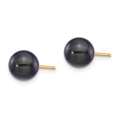 14K Yellow Gold 7-8mm Round Black Saltwater Akoya Cultured Pearl Stud Post Earrings