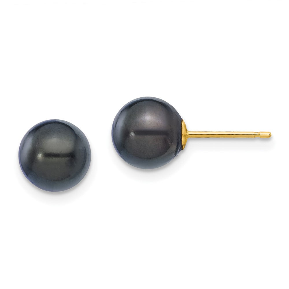 14K Yellow Gold 7-8mm Round Black Saltwater Akoya Cultured Pearl Stud Post Earrings