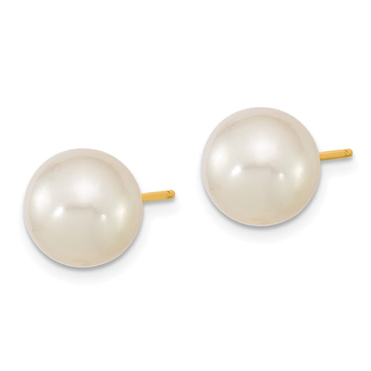 14K Yellow Gold 9-10mm White Round Saltwater Cultured South Sea Pearl Post Earrings