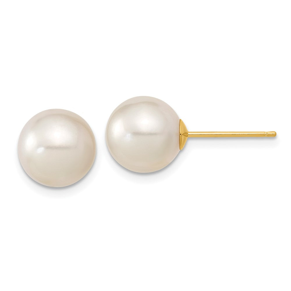 14K Yellow Gold 9-10mm White Round Saltwater Cultured South Sea Pearl Post Earrings