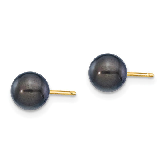 14K Yellow Gold 6-7mm Round Black Saltwater Akoya Cultured Pearl Stud Post Earrings