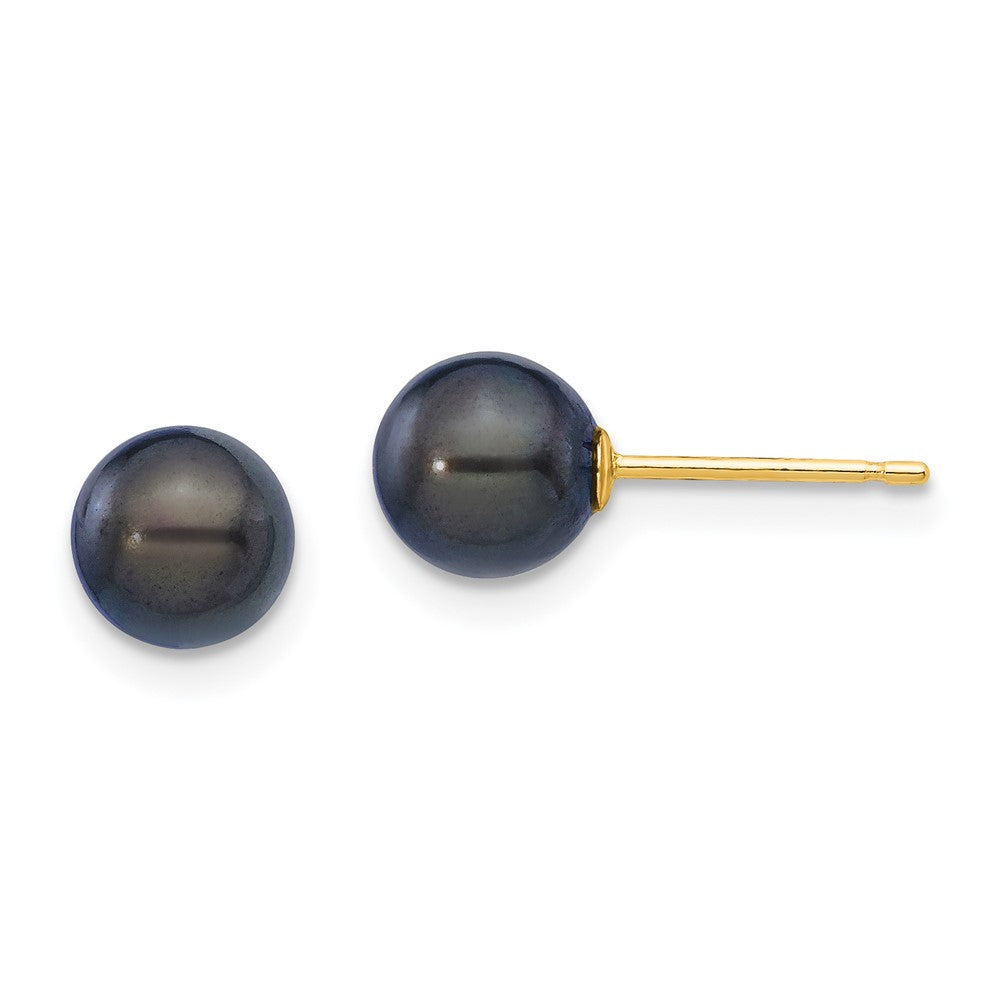 14K Yellow Gold 6-7mm Round Black Saltwater Akoya Cultured Pearl Stud Post Earrings