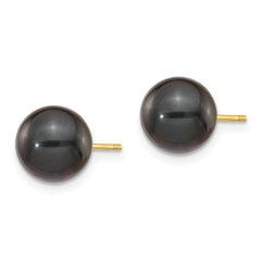 14K Yellow Gold 8-9mm Round Black Saltwater Akoya Cultured Pearl Stud Post Earrings