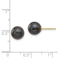 14K Yellow Gold 8-9mm Round Black Saltwater Akoya Cultured Pearl Stud Post Earrings
