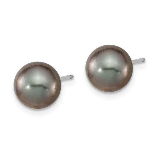 14K White Gold 8-9mm Black Round Saltwater Cultured Tahitian Pearl Post Earrings