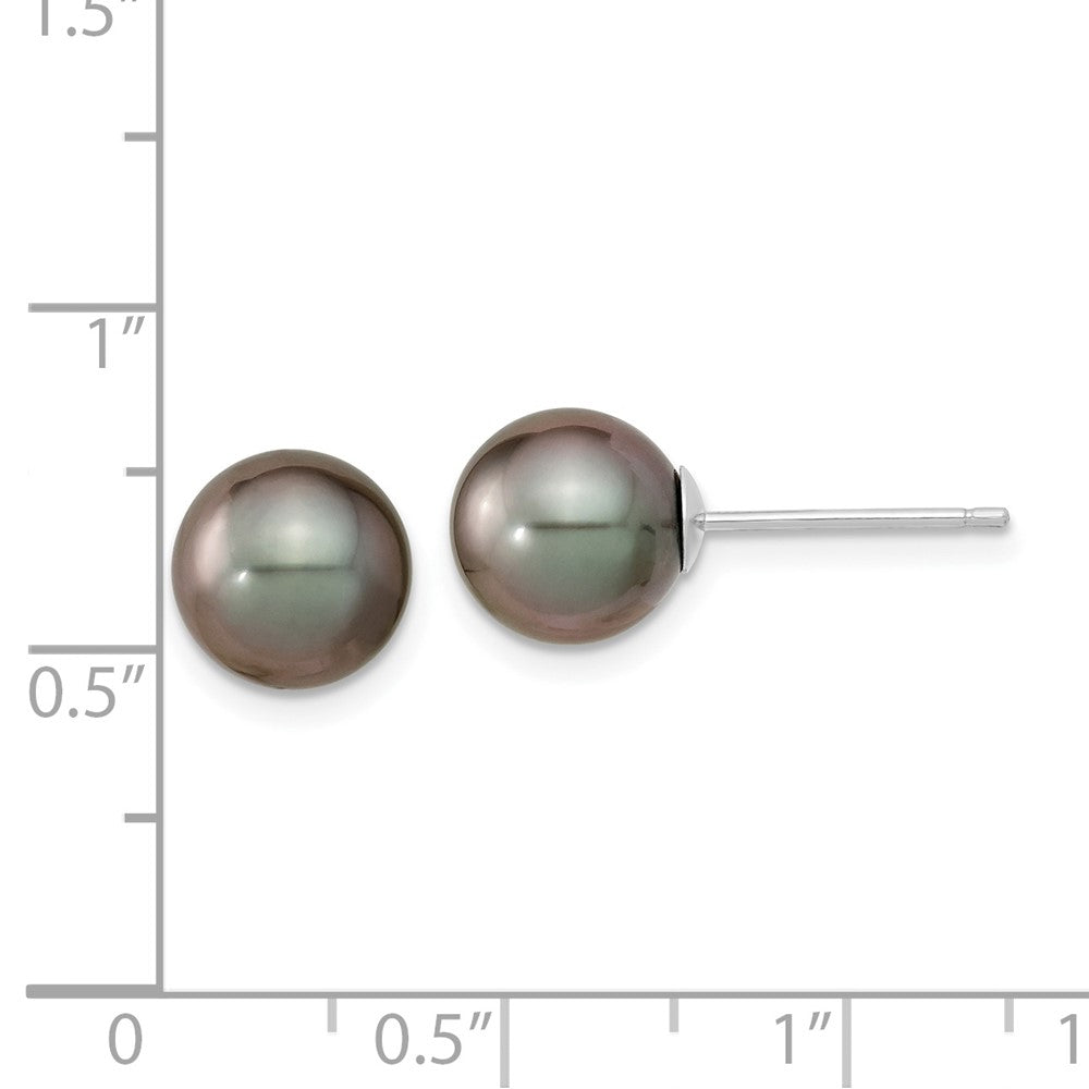 14K White Gold 8-9mm Black Round Saltwater Cultured Tahitian Pearl Post Earrings