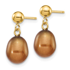 14K Yellow Gold 7-8mm Brown Rice FWC Pearl Dangle Post Earrings