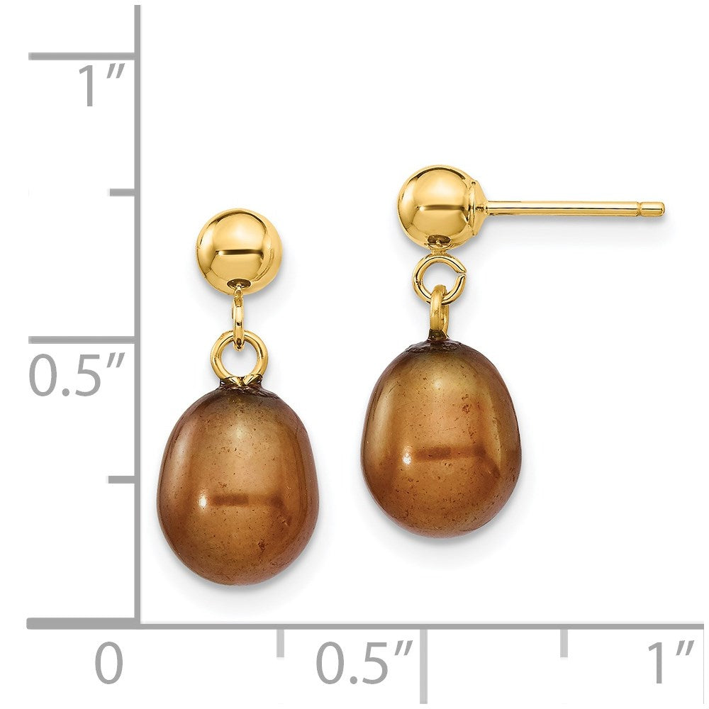 14K Yellow Gold 7-8mm Brown Rice FWC Pearl Dangle Post Earrings