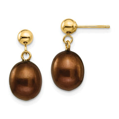 14K Yellow Gold 8-9mm Brown FWC Pearl Dangle Post Earrings