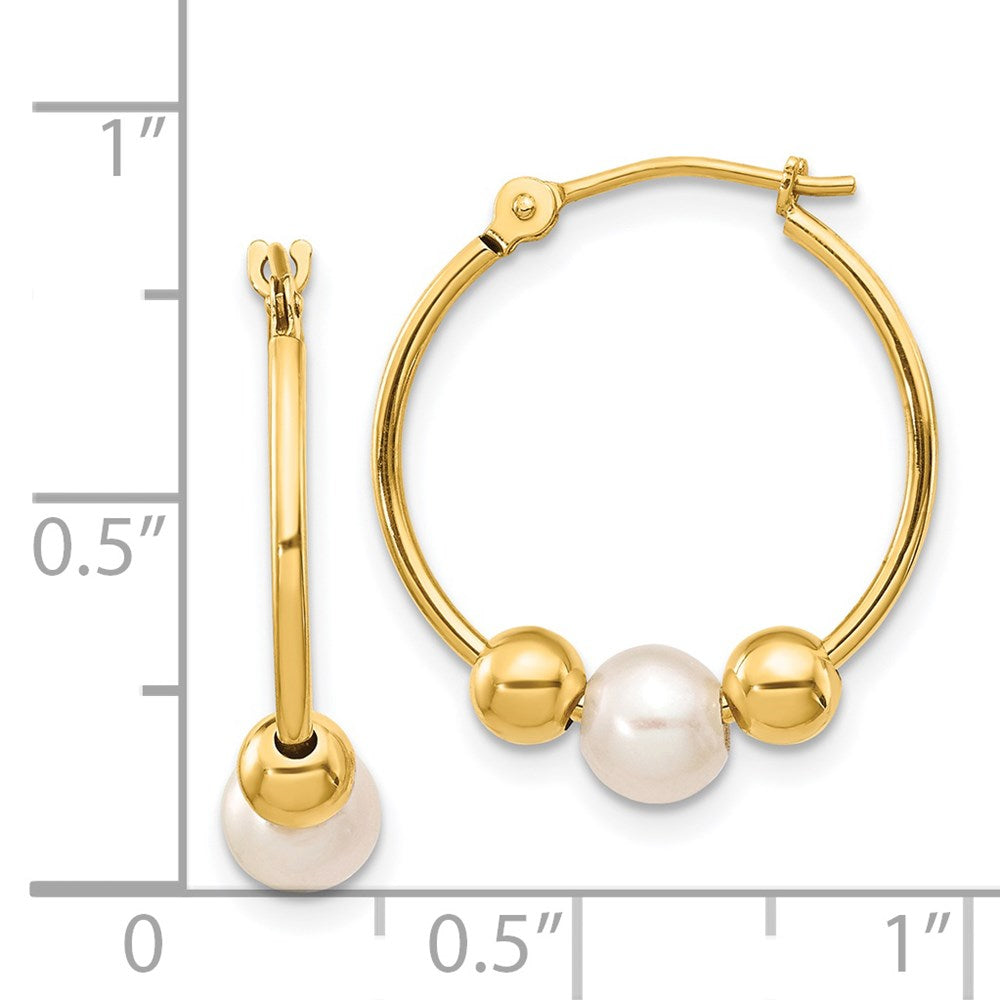 14K Yellow Gold 5-6mm White Semi-round FWC Pearl Polished Hoop Earrings