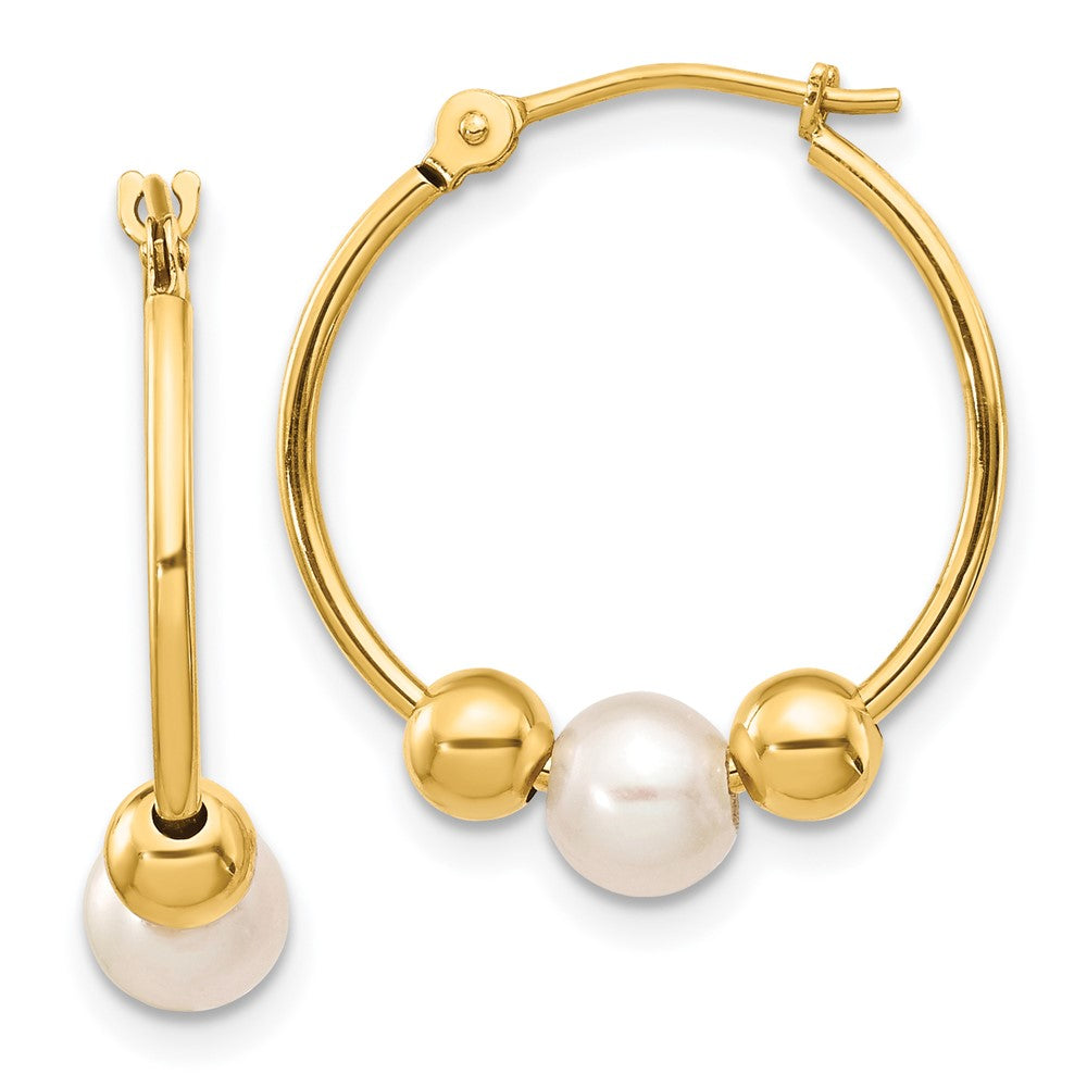 14K Yellow Gold 5-6mm White Semi-round FWC Pearl Polished Hoop Earrings