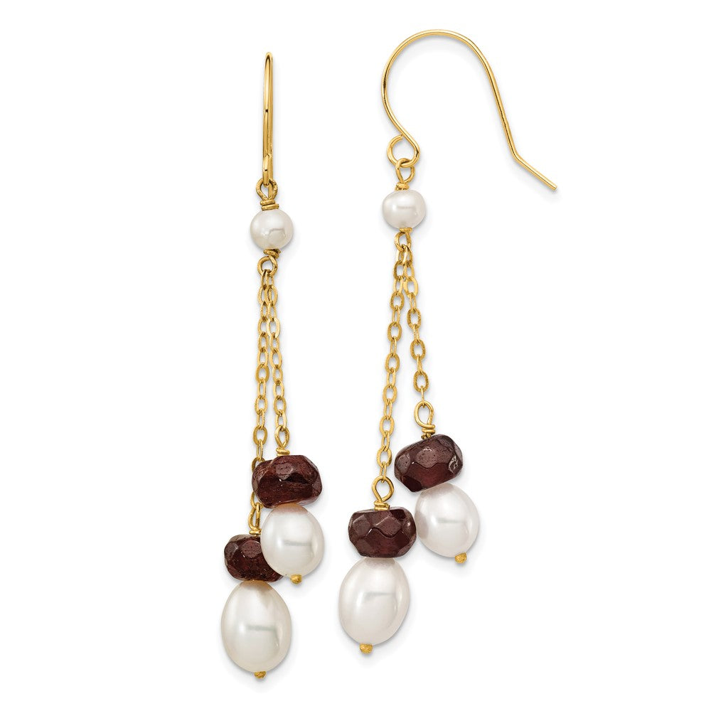 14K Yellow Gold White FWC Pearl Garnet Double Chain Dangle Earrings