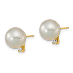 14K Yellow Gold 9-10mm White Saltwater Cultured South Sea Pearl .10ct Diamond Earrings