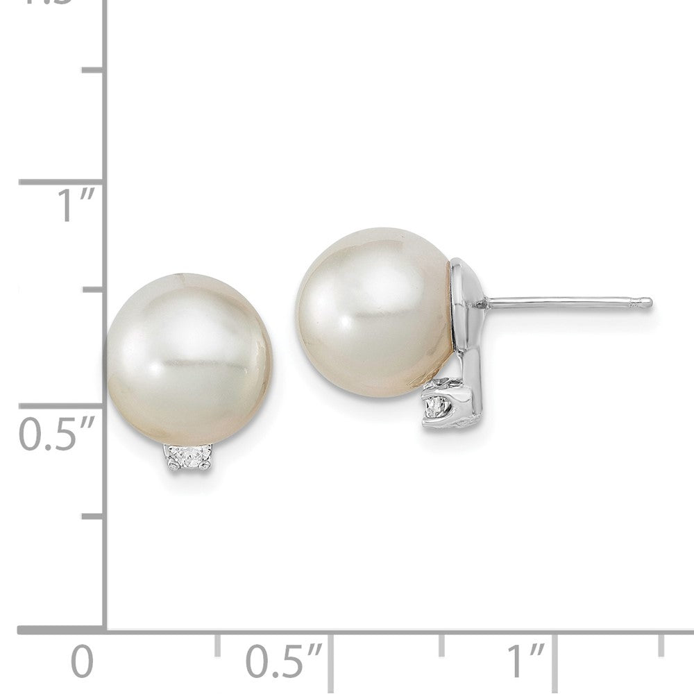 14K White Gold 9-10mm Round White Saltwater South Sea Pearl and Diamond Earrings