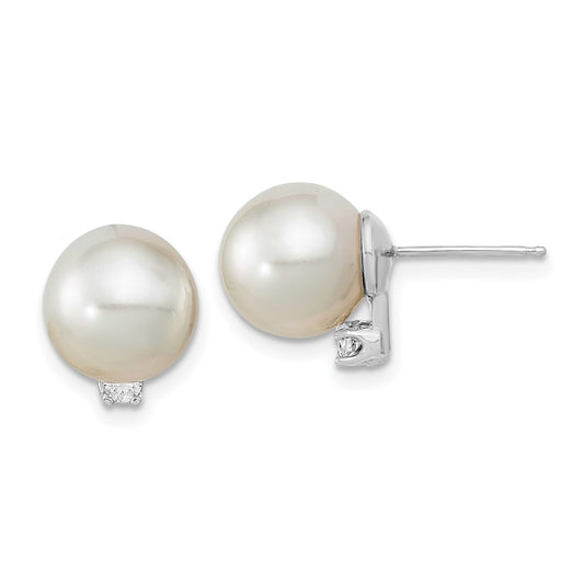 14K White Gold 9-10mm Round White Saltwater South Sea Pearl and Diamond Earrings