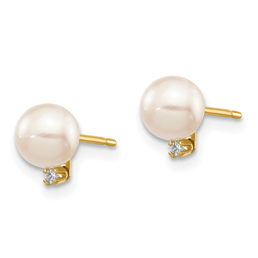14K Yellow Gold 5-6mm White Round Saltwater Akoya Cultured Pearl Diamond Post Earrings