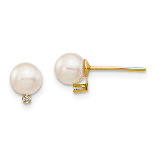 14K Yellow Gold 5-6mm White Round Saltwater Akoya Cultured Pearl Diamond Post Earrings