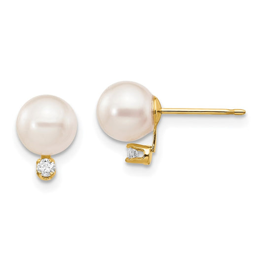 14K Yellow Gold 6-7mm White Round Saltwater Akoya Cultured Pearl Diamond Post Earrings