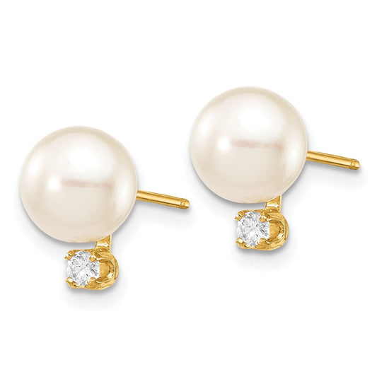 14K Yellow Gold 7-8mm White Round Saltwater Akoya Cultured Pearl Diamond Post Earrings