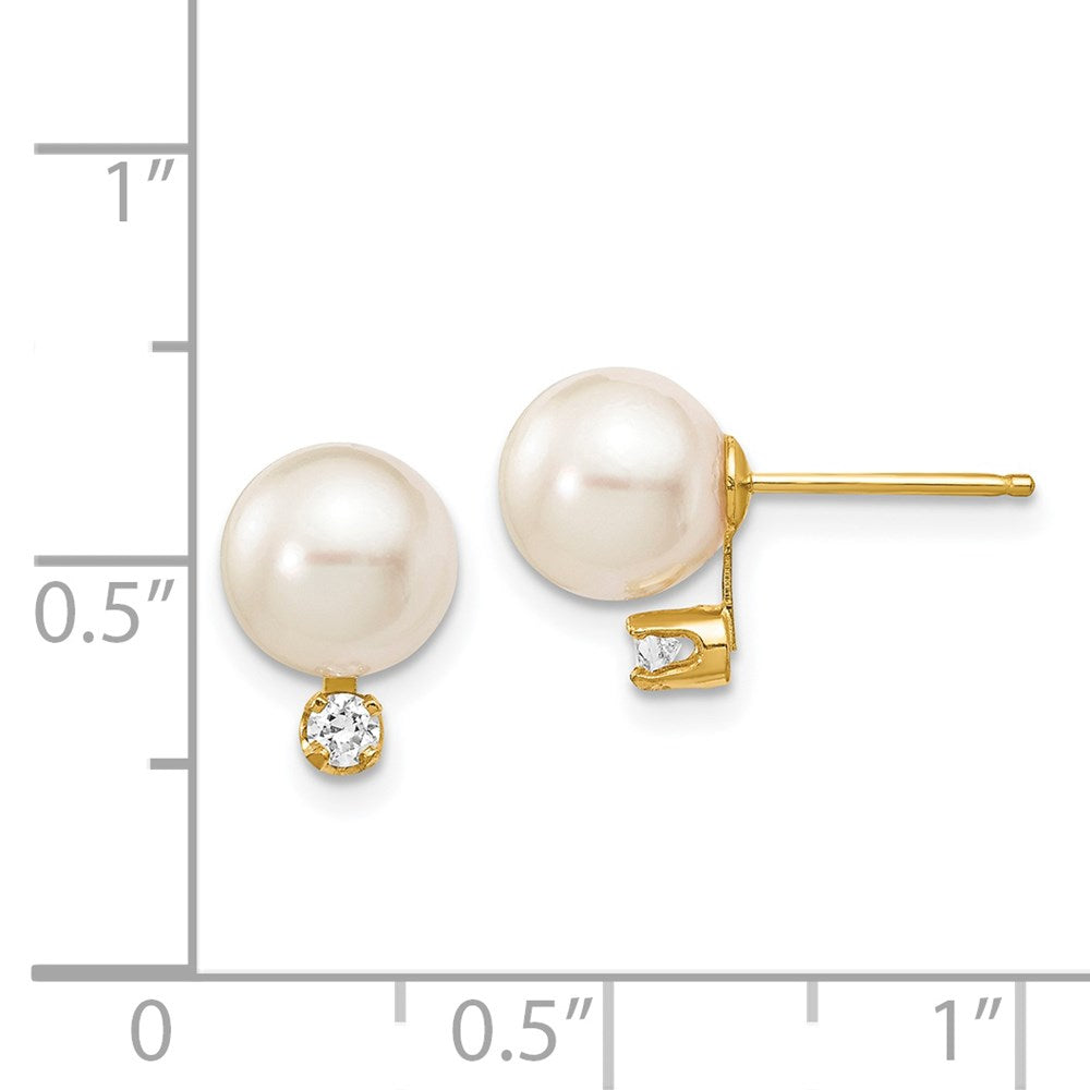 14K Yellow Gold 7-8mm White Round Saltwater Akoya Cultured Pearl Diamond Post Earrings