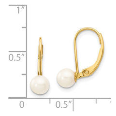 14K Yellow Gold 5-6mm White Round Saltwater Akoya Cultured Pearl Leverback Earrings