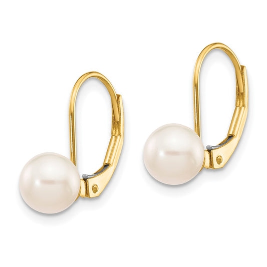 14K Yellow Gold 6-7mm White Round Saltwater Akoya Cultured Pearl Leverback Earrings