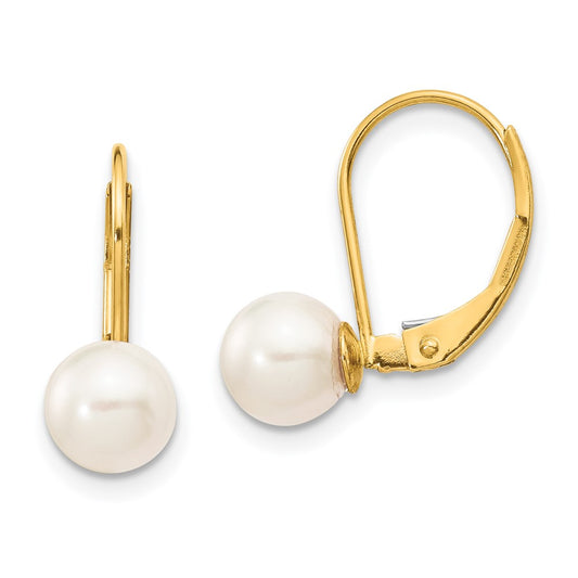 14K Yellow Gold 6-7mm White Round Saltwater Akoya Cultured Pearl Leverback Earrings
