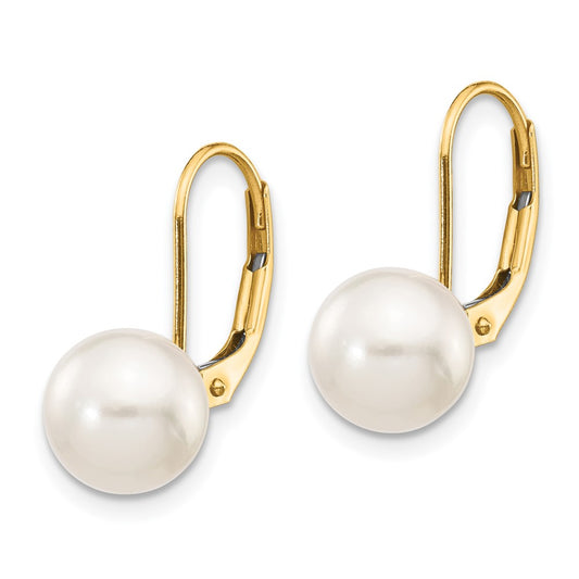 14K Yellow Gold 8-9mm White Round Saltwater Akoya Cultured Pearl Leverback Earrings