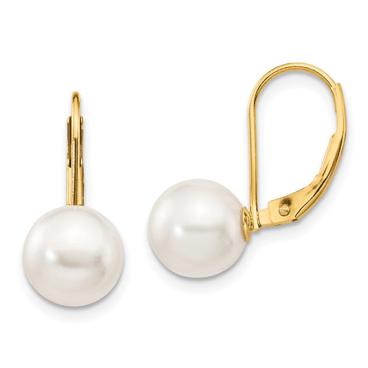 14K Yellow Gold 8-9mm White Round Saltwater Akoya Cultured Pearl Leverback Earrings