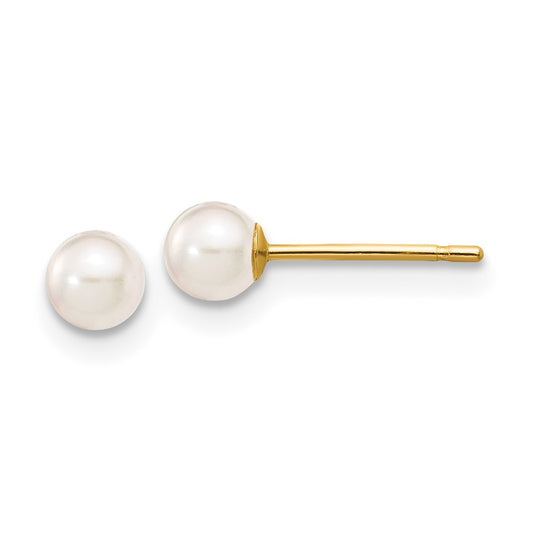 14K Yellow Gold 3-4mm Round White Saltwater Akoya Cultured Pearl Stud Post Earrings