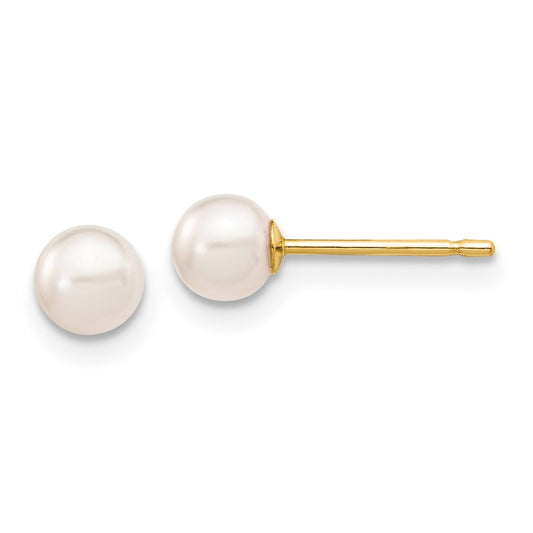 14K Yellow Gold 4-5mm Round White Saltwater Akoya Cultured Pearl Stud Post Earrings