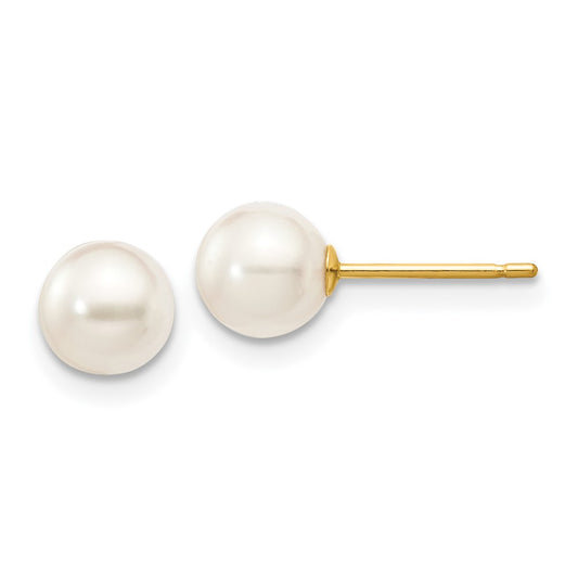 14K Yellow Gold 5-6mm Round White Saltwater Akoya Cultured Pearl Stud Post Earrings