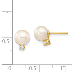 14K Yellow Gold 7-8mm White Round FWC Pearl .10ct Diamond Post Earrings