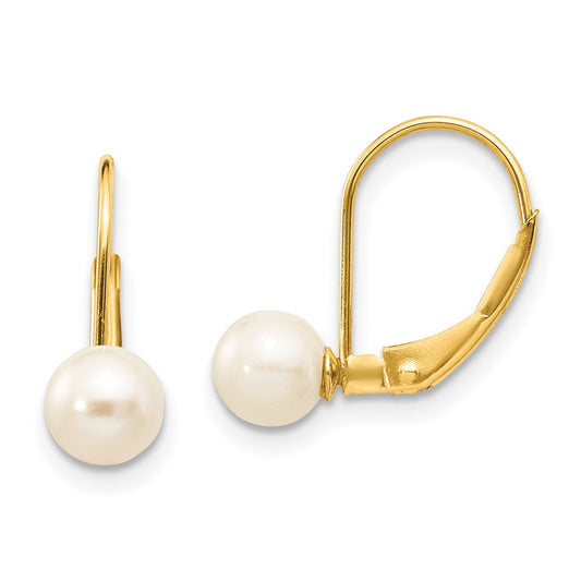 14K Yellow Gold 5-6mm White Round FWC Pearl Leverback Earrings