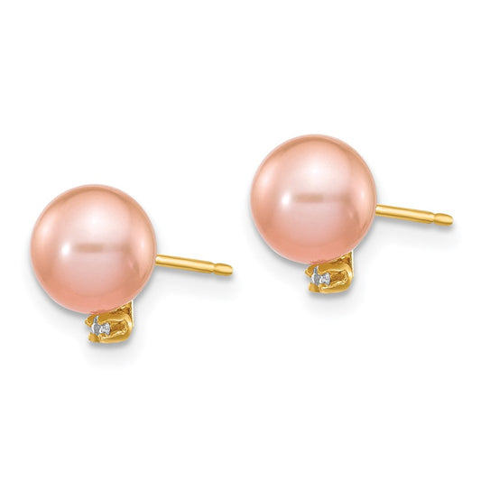14K Yellow Gold 5-6mm Pink Round FWC Pearl .02ct Diamond Post Earrings