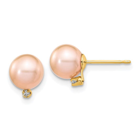 14K Yellow Gold 5-6mm Pink Round FWC Pearl .02ct Diamond Post Earrings