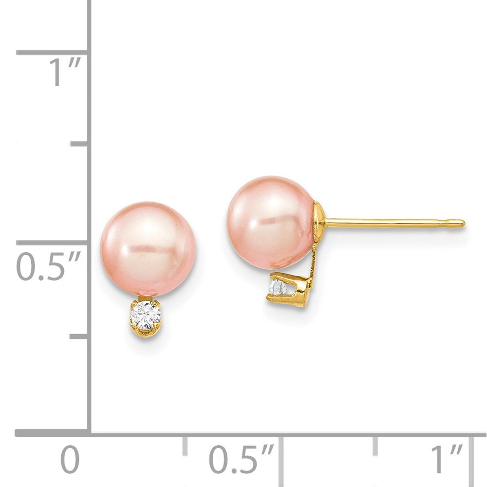 14K Yellow Gold 6-7mm Pink Round FWC Pearl .06ct Diamond Post Earrings