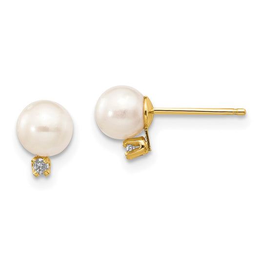 14K Yellow Gold 5-6mm White Round FWC Pearl .02ct Diamond Post Earrings