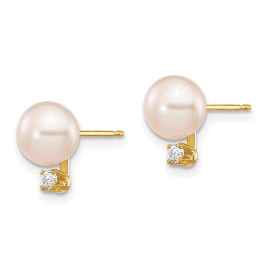 14K Yellow Gold 6-7mm White Round FWC Pearl .06ct Diamond Post Earrings
