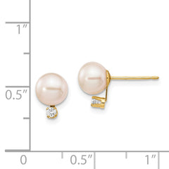 14K Yellow Gold 6-7mm White Round FWC Pearl .06ct Diamond Post Earrings