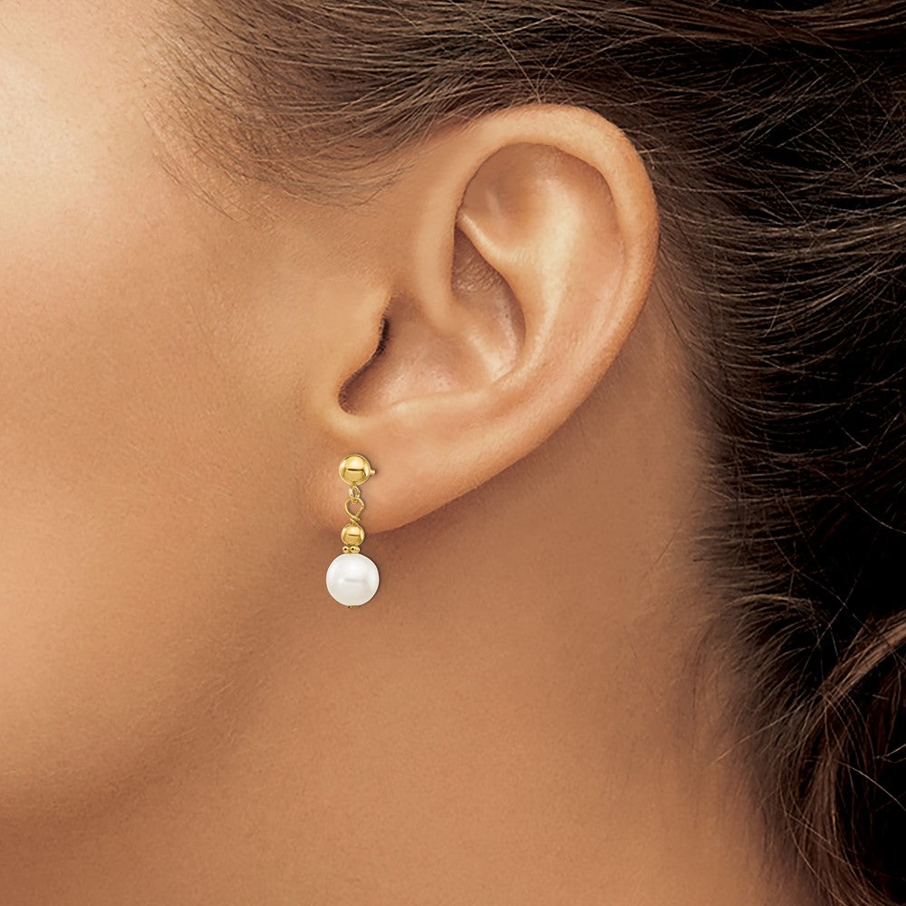 14K Yellow Gold 7-8mm White Semi-round FWC Pearl Dangle Post Earrings