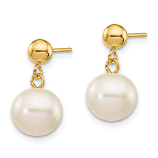 14K Yellow Gold 8-8.5mm White Round FWC Pearl Dangle Post Earrings