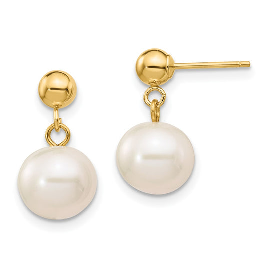 14K Yellow Gold 8-8.5mm White Round FWC Pearl Dangle Post Earrings