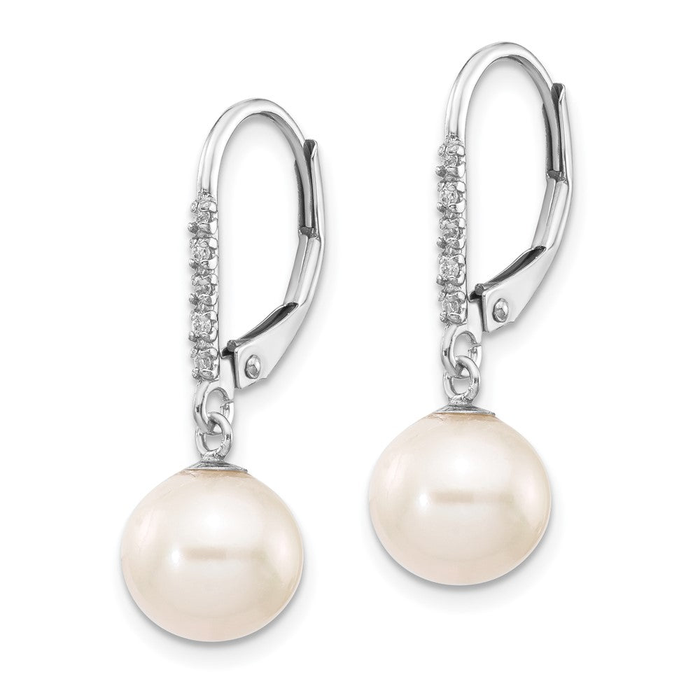 14K White Gold 8-9mm Round FWC Pearl .05ct Diamond Leverback Earrings