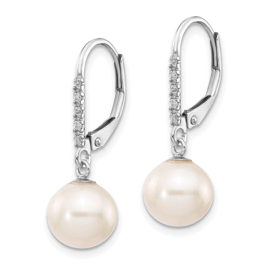 14K White Gold 8-9mm Round FWC Pearl .05ct Diamond Leverback Earrings
