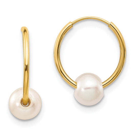 14K Yellow Gold 5-6mm White Semi-round FWC Pearl Endless Hoop Earrings
