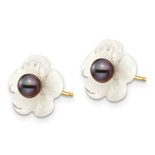 14K Yellow Gold 3-4mm Black FWC Pearl with 10 mm MOP Flower Post Earrings