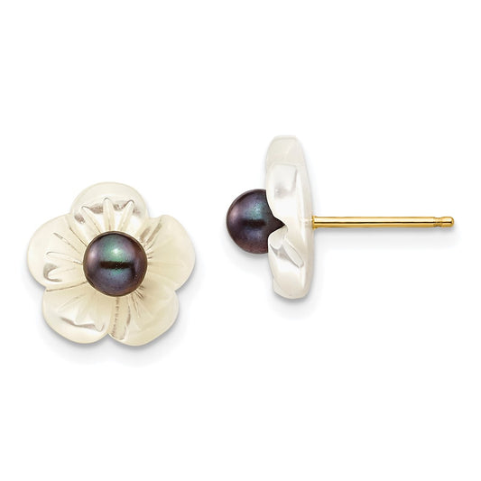 14K Yellow Gold 3-4mm Black FWC Pearl with 10 mm MOP Flower Post Earrings