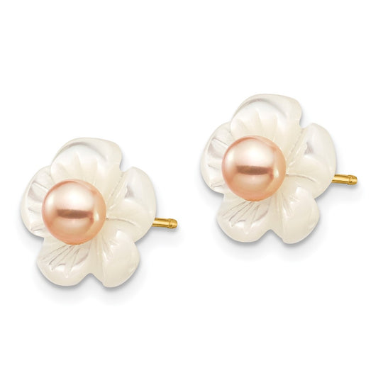 14K Yellow Gold 3-4mm Pink FWC Pearl with 10mm MOP Flower Post Earrings