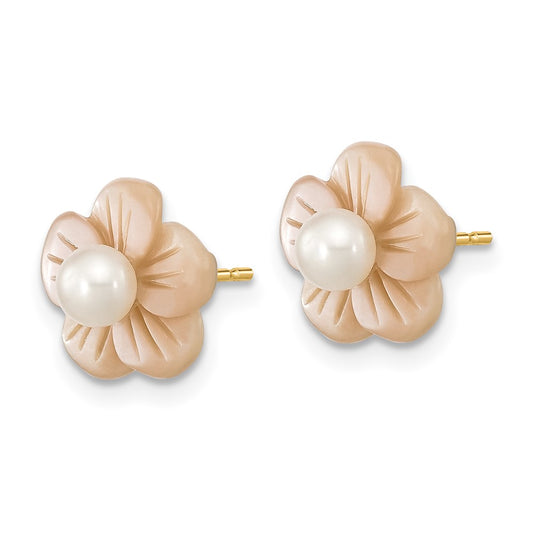 14K Yellow Gold 3-4mm Round White FWC Pearl Pink MOP Flower Earrings